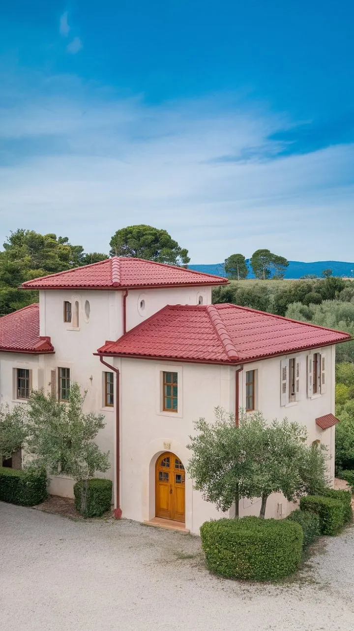This enchanting Mediterranean villa, adorned with a welcoming wooden door and a whimsical round window, invites you to discover its sunlit elegance and secret nooks for an unforgettable retreat.