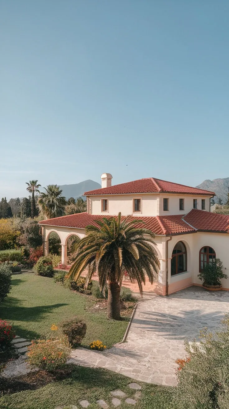 A sun-drenched Mediterranean villa, nestled amongst vibrant gardens and majestic mountains, evokes idyllic escape
