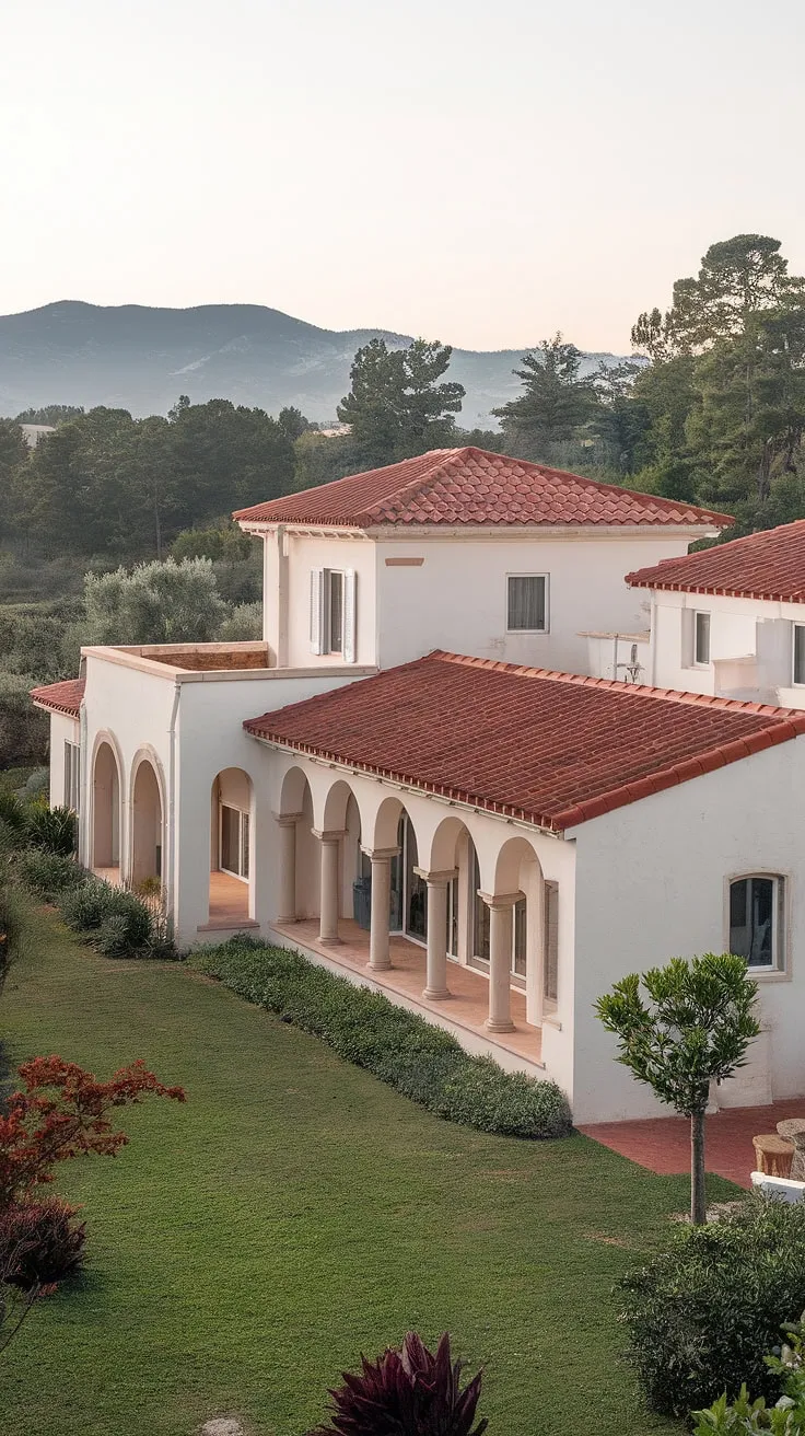 A picturesque Mediterranean villa, whitewashed and adorned with arches, commands a lush garden and breathtaking mountain views