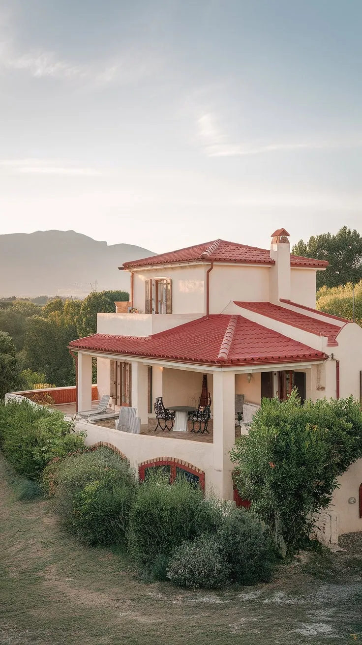 A stunning Mediterranean villa with a red-tiled roof and whitewashed walls commands a breathtaking view of mountains and lush greenery.
