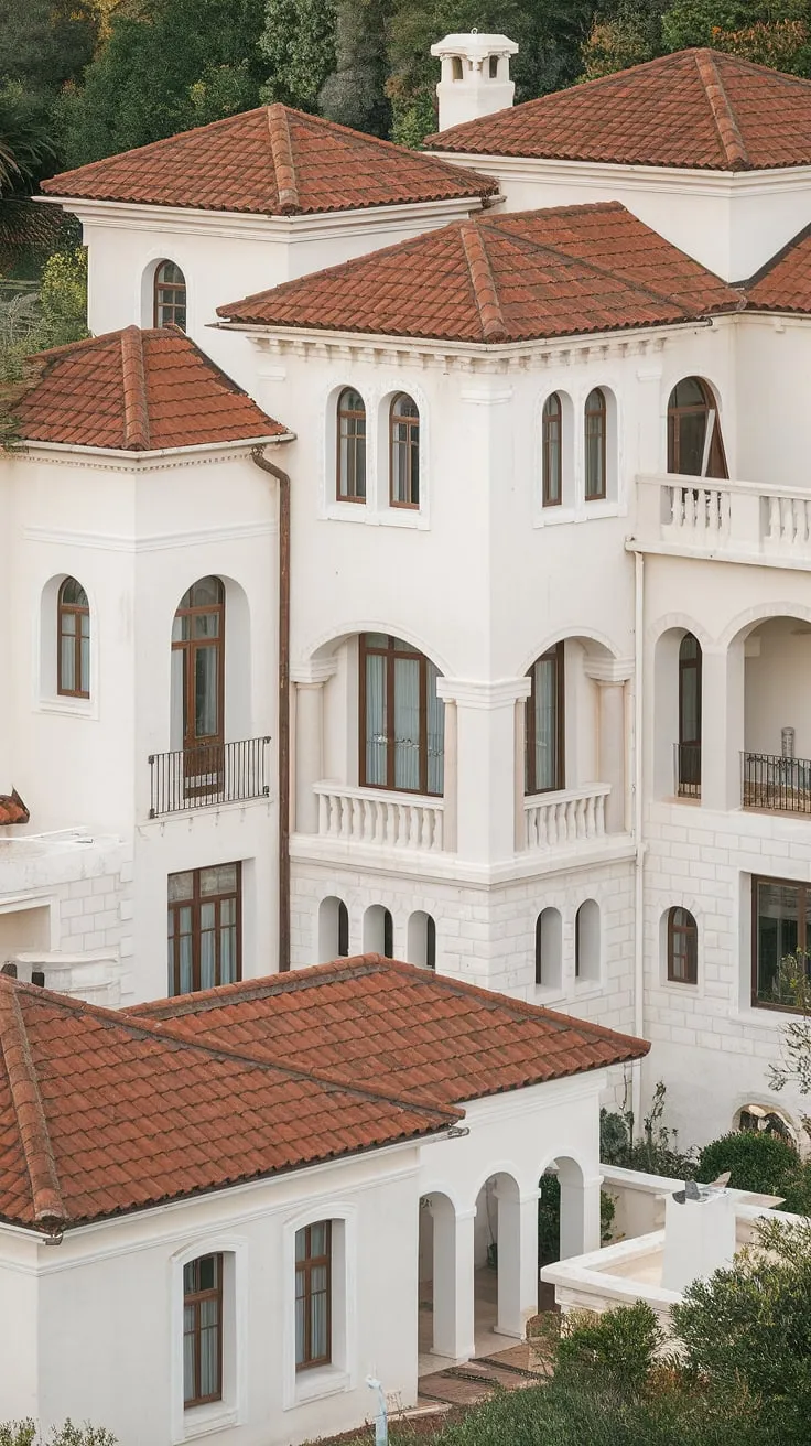 A stunning white Mediterranean villa, with red-tiled roofs and classic architectural details, sits nestled amidst lush greenery.