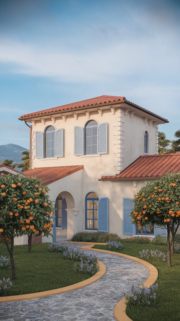 A sun-drenched Mediterranean villa, boasting red tile, white walls, and vibrant blue accents, evokes a warm Italian escape.