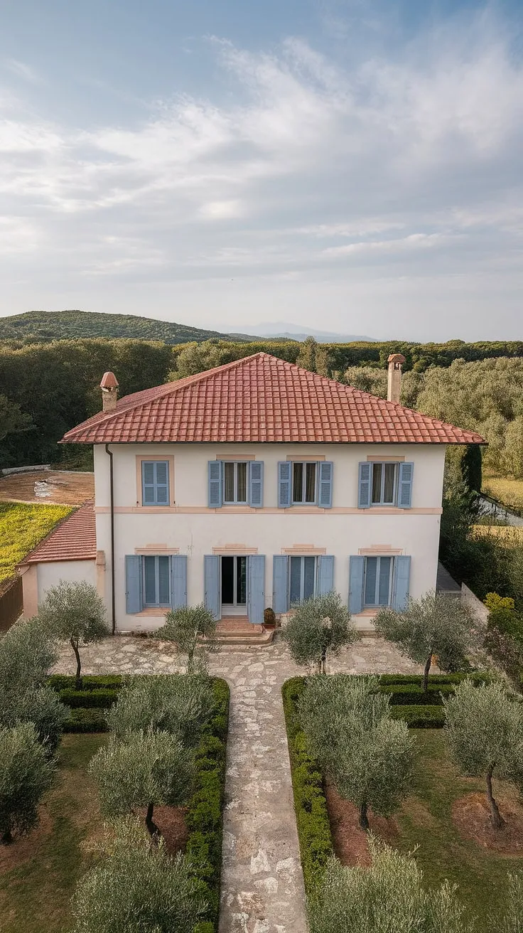 The picturesque Italian villa, nestled amongst olive trees and a stone path, offers a tranquil Mediterranean retreat.