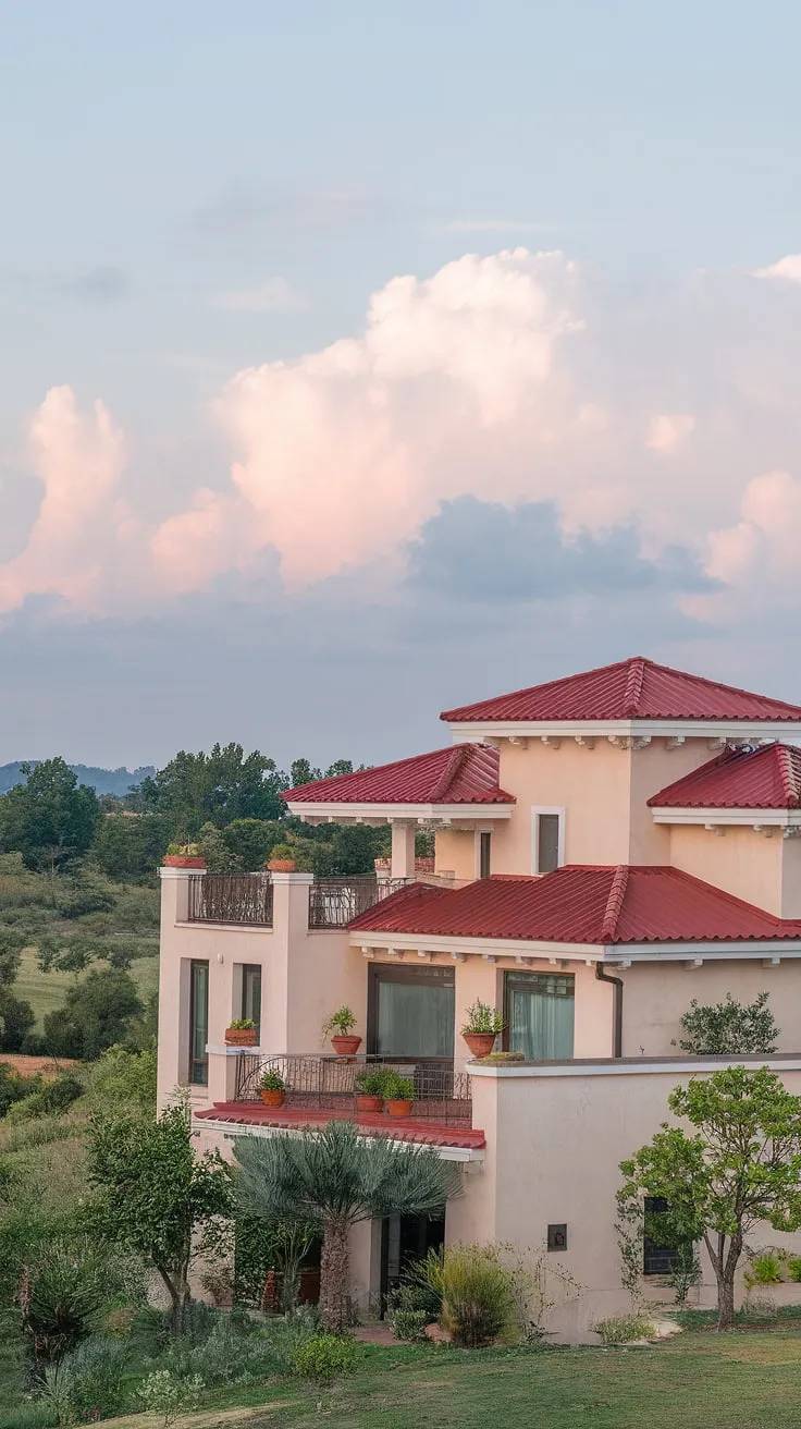 A picturesque Mediterranean villa, boasting a red roof and white walls, sits nestled amongst vibrant greenery under a tranquil sky