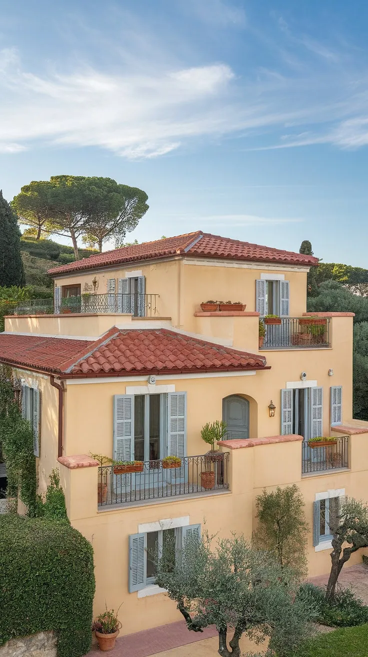 A sun-drenched Mediterranean villa, painted warm yellow and adorned with red tile and wrought-iron balconies, sits serenely amidst lush greenery