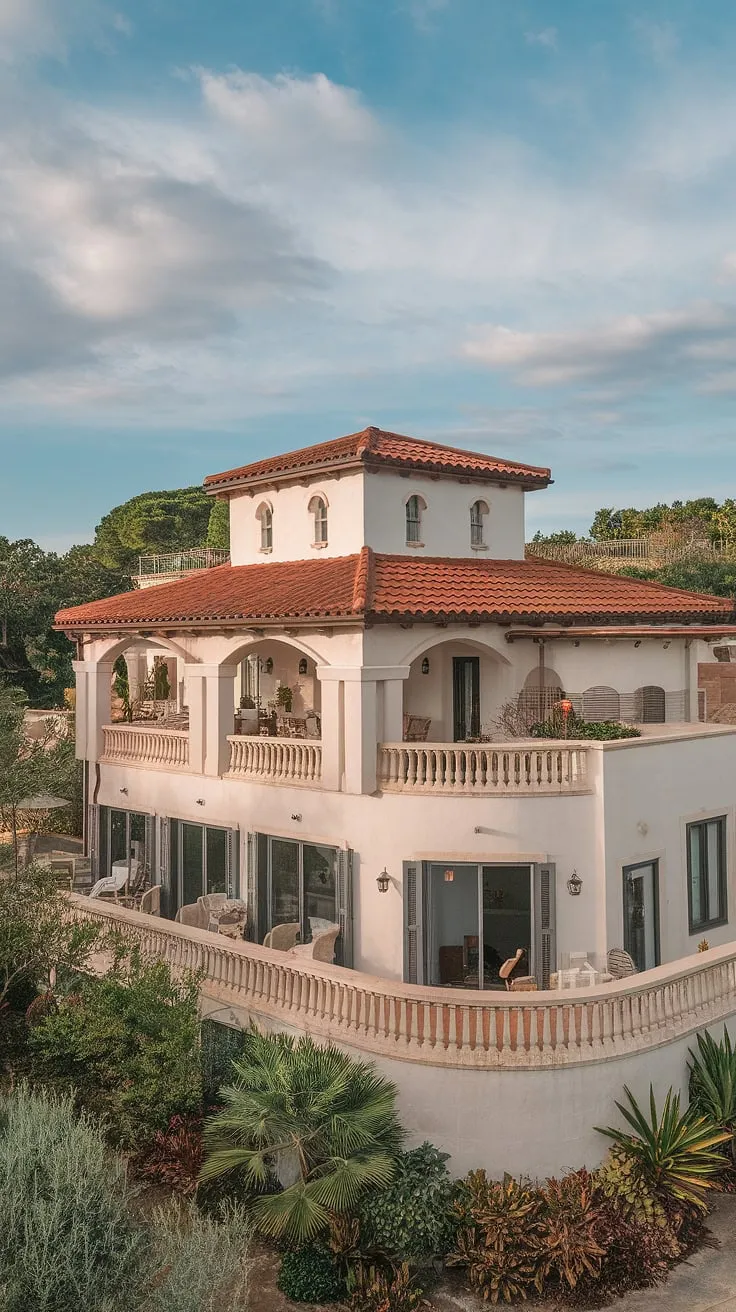 A sun-drenched Mediterranean villa, perched amidst vibrant greenery, exudes idyllic charm