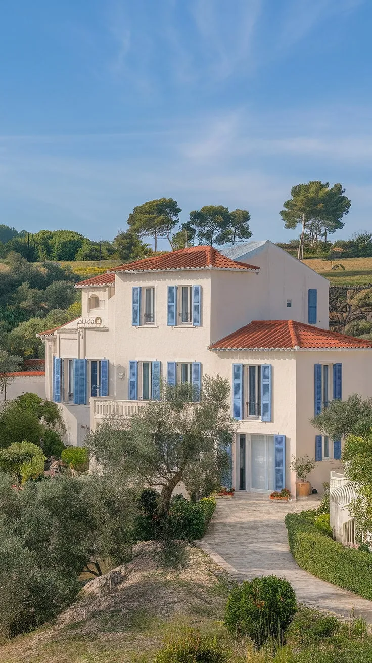 Lush greenery frames a picturesque Mediterranean villa, its red roof and stone path hinting at tranquil luxury.