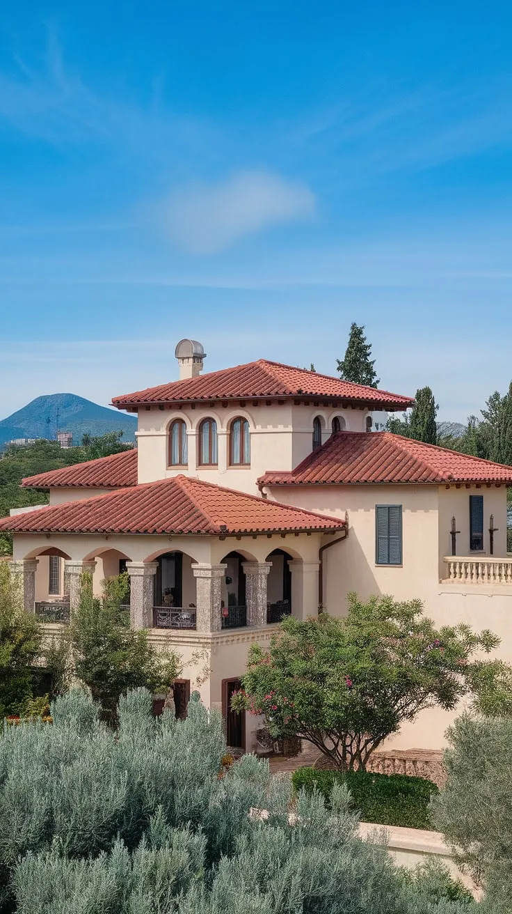 The image perfectly captures the essence of Mediterranean luxury, showcasing a multi-level villa with classical architecture surrounded by lush landscaping and a stunning vista.