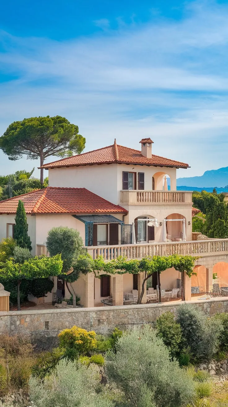 A sun-drenched Mediterranean villa, perched amidst vibrant flora and overlooking distant mountains, epitomizes idyllic escape