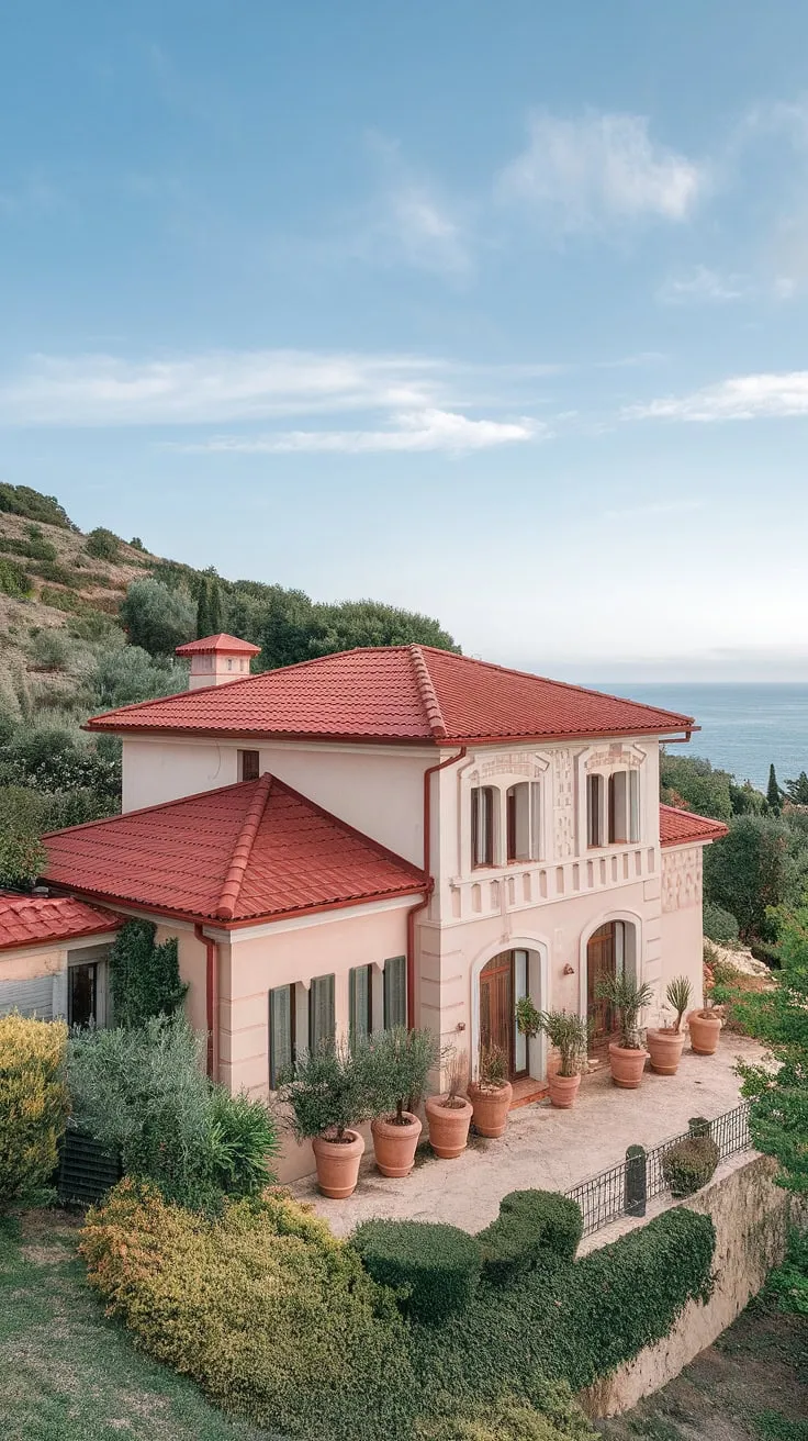 A picturesque Mediterranean villa, perched on a hillside, boasts a red roof, white walls, and stunning sea views