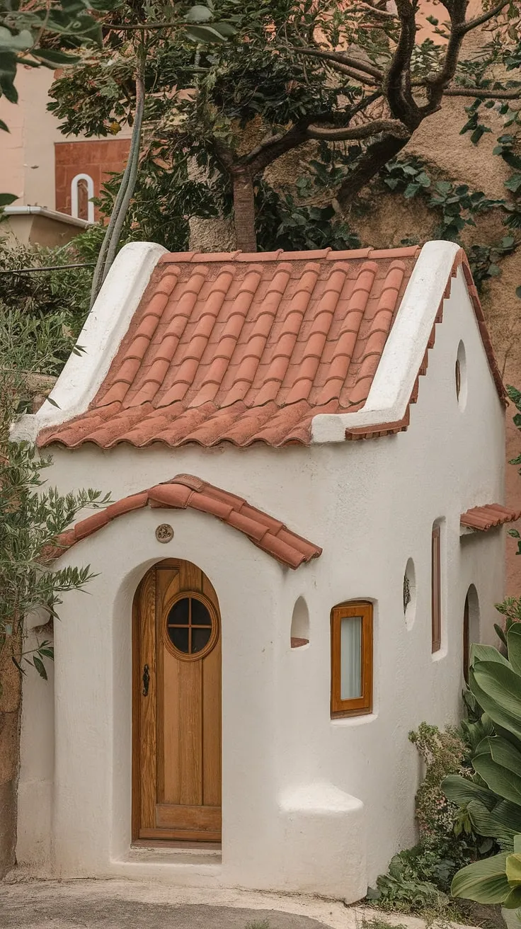 A charming Mediterranean villa, nestled amongst lush greenery, boasts a terracotta roof and arched windows.