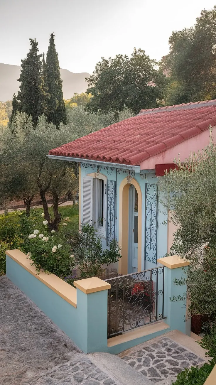 A picturesque Mediterranean villa boasts a red-tiled roof, white walls, and lush greenery, offering a tranquil escape.