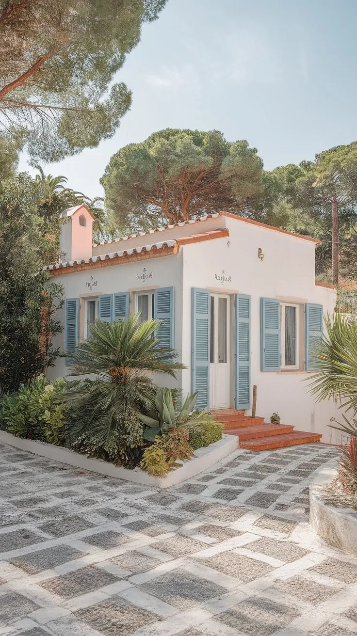 A sun-drenched Mediterranean villa, with white walls, blue shutters, and a red roof, nestles amidst a lush garden and cobblestone path.
