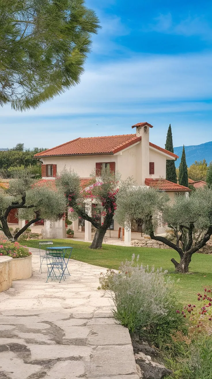 Mediterranean charm abounds in this white-walled villa, its red roof a vibrant contrast to the lush greenery and azure sky.