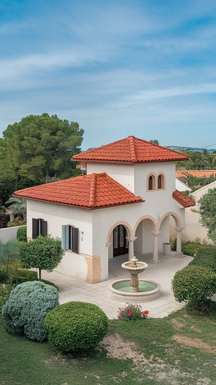 A charming Mediterranean villa, complete with red tile roof, white walls, and a tranquil courtyard fountain, basks in the sunny landscape