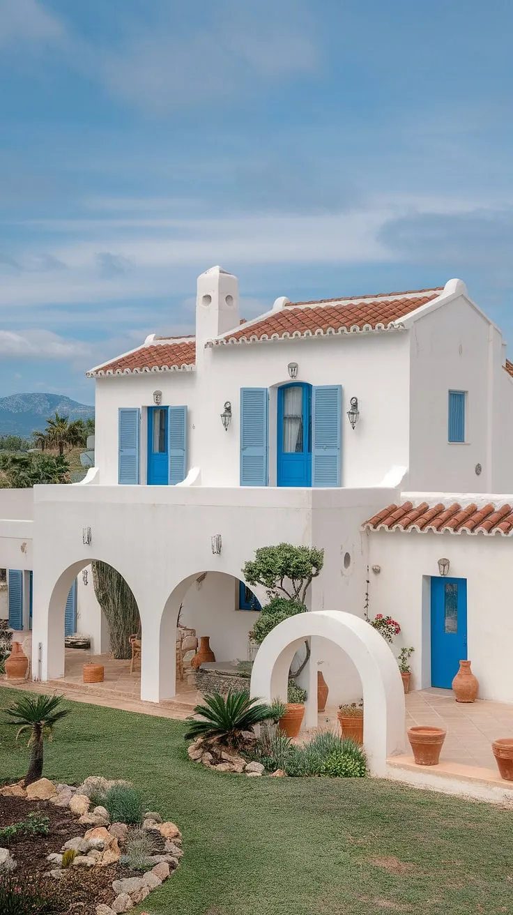 Whitewashed walls and terracotta accents define this picturesque Mediterranean villa nestled amongst vibrant greenery and stunning mountain views.
