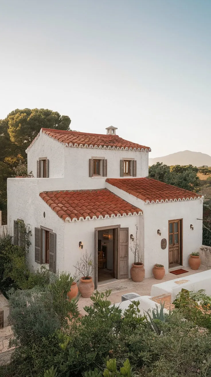 A picturesque Mediterranean villa with a red-tiled roof and wooden details sits peacefully amidst lush foliage and distant mountains.