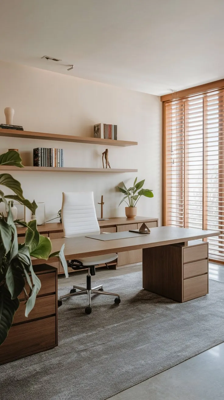 A minimalist modern study, perfect for focused work, features a large wooden desk, a comfortable chair, and calming natural elements.