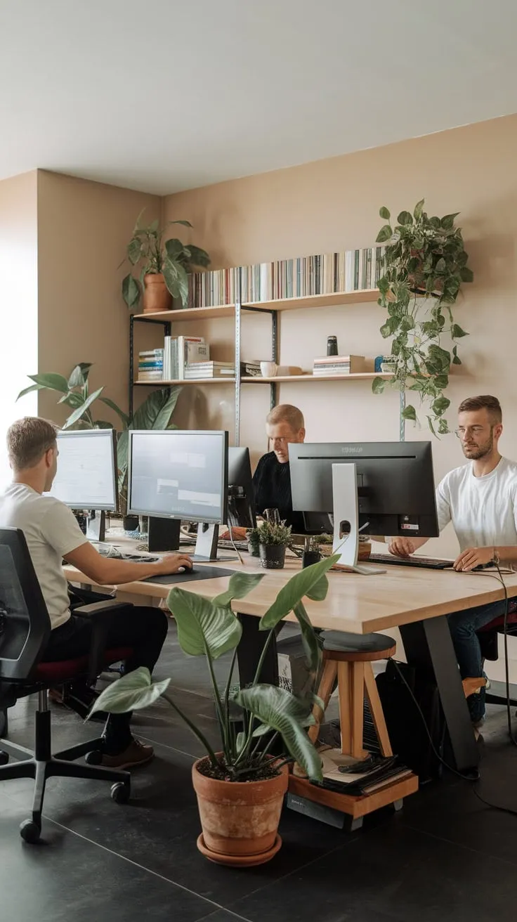 A modern men's study, complete with a large desk, multiple monitors, and tasteful decor, fosters focused collaboration.