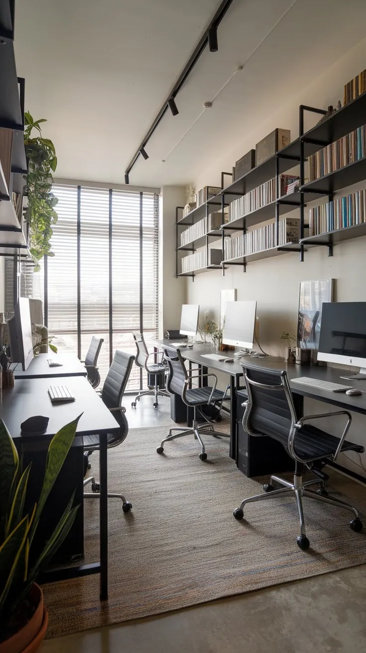 A bright modern men's study, complete with multiple computer workstations, book-lined shelves, and a comfortable rug, fosters focused productivity.