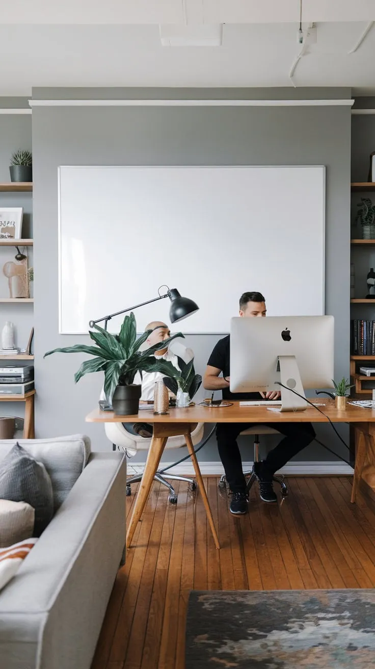 Two men collaborate in a minimalist modern study, focused amidst clean lines and functional design