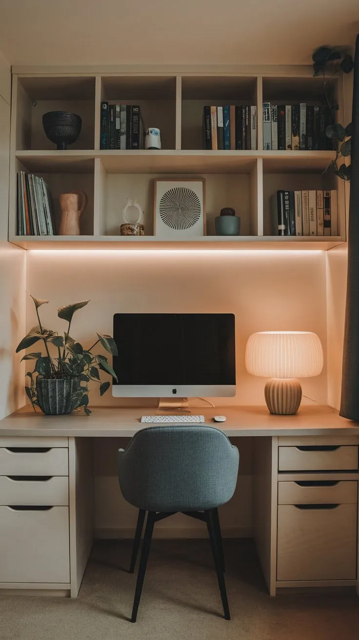 Warm lighting and tasteful accents transform this home office into a productive and inviting men's study.