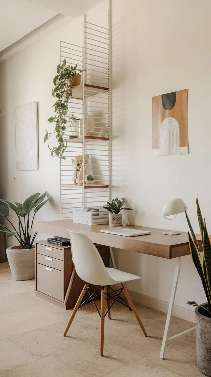 A serene and stylish men's study boasts a minimalist design with a wooden desk and tasteful artwork creating a productive atmosphere.