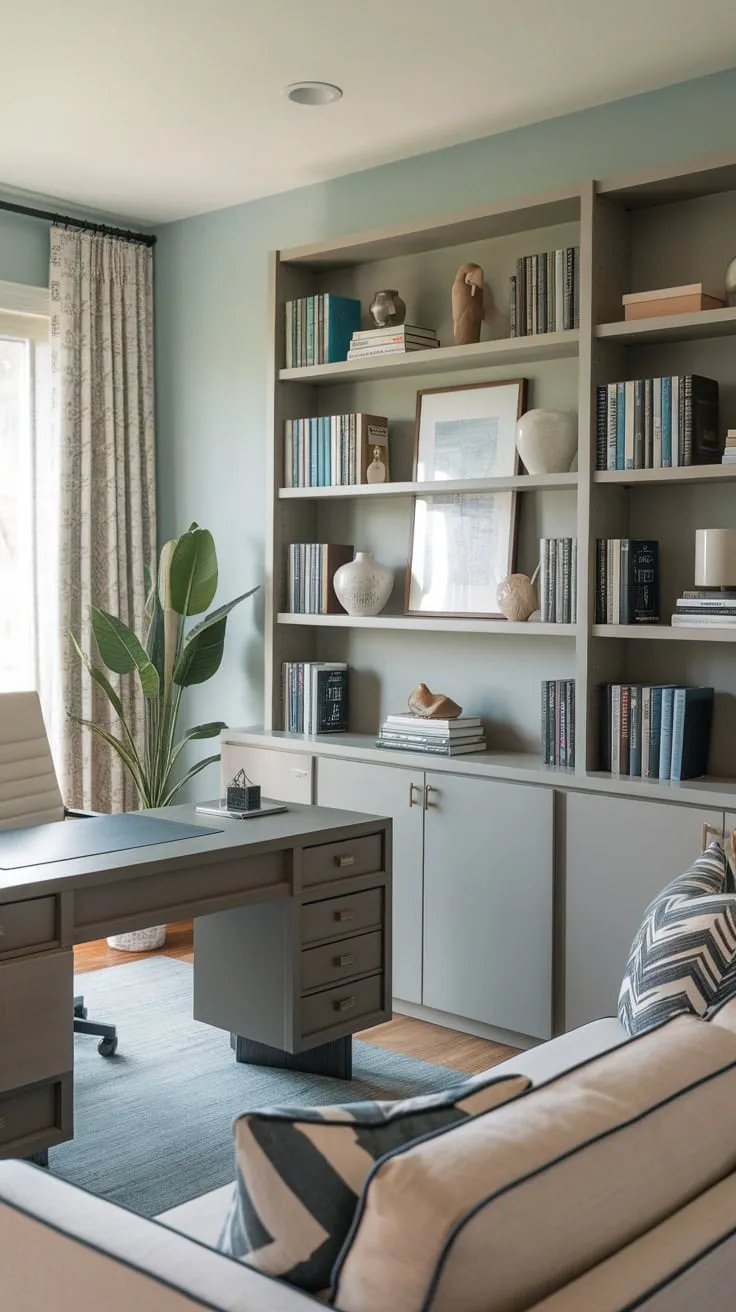 A serene blue-walled study, perfect for a modern man, boasts a comfortable workspace and tasteful decor.