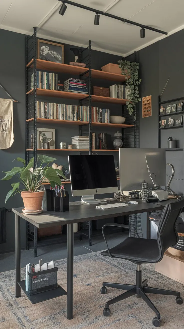 A sophisticated dark grey men's study exudes masculine style with a well-organized desk, bookshelves, and tasteful accents