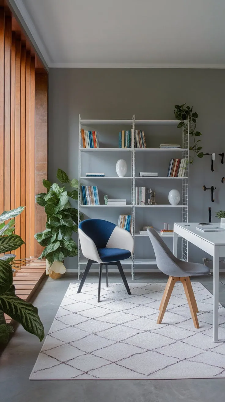 A stylish and functional men's study features a calming gray palette, bright accents, and ample space for focused work.