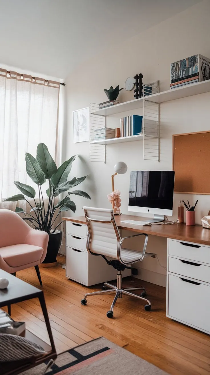 A stylish and functional home office designed for men features a spacious desk, comfortable chairs, and curated bookshelves creating a productive and sophisticated workspace.