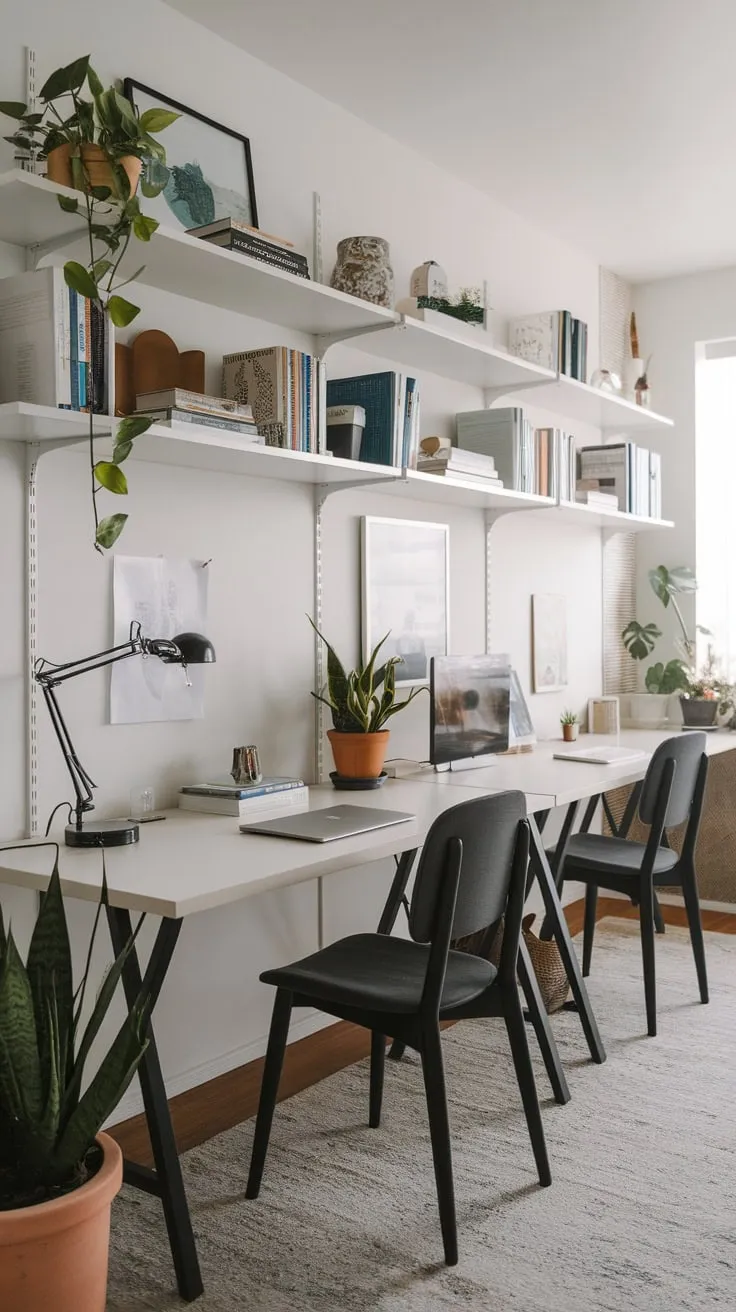 A well-lit men's study boasts a sleek workspace with a long desk, plants, and curated books for a productive and stylish atmosphere.