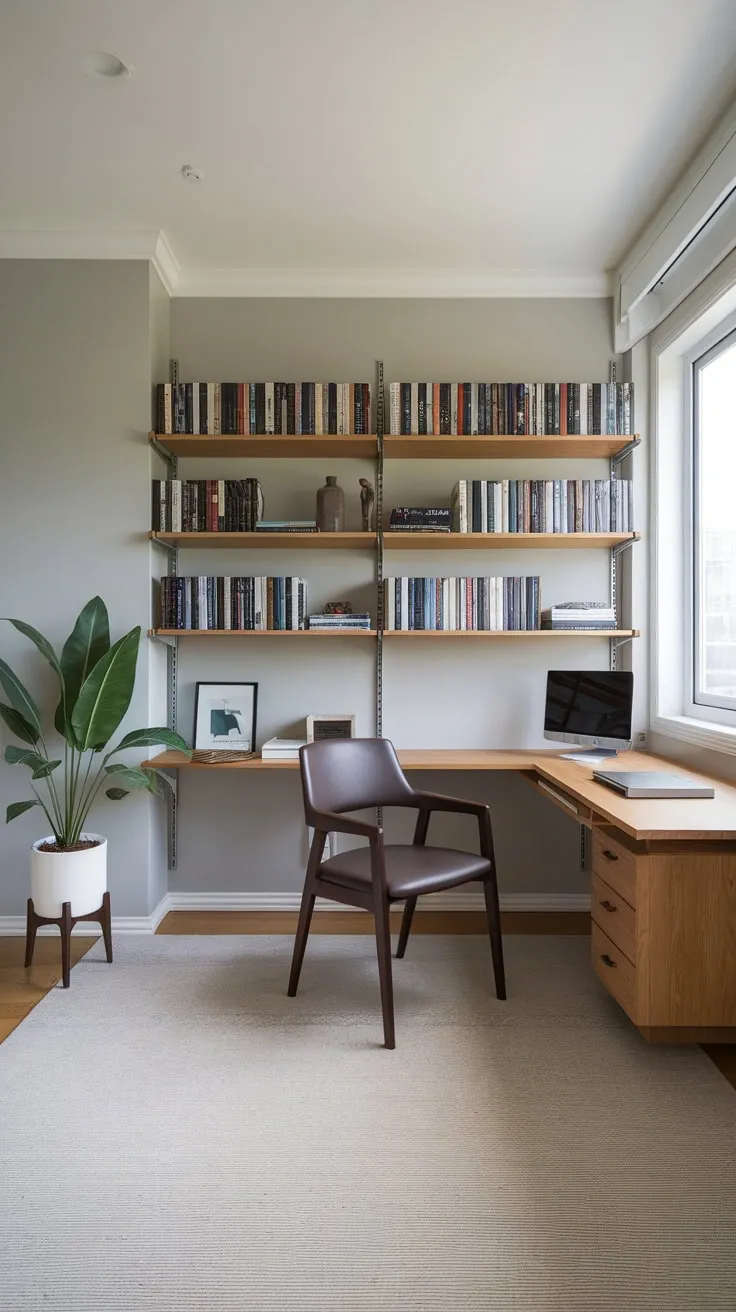A minimalist modern study, perfect for the discerning man, features a wooden desk, bookshelves, and natural light in a calming gray space