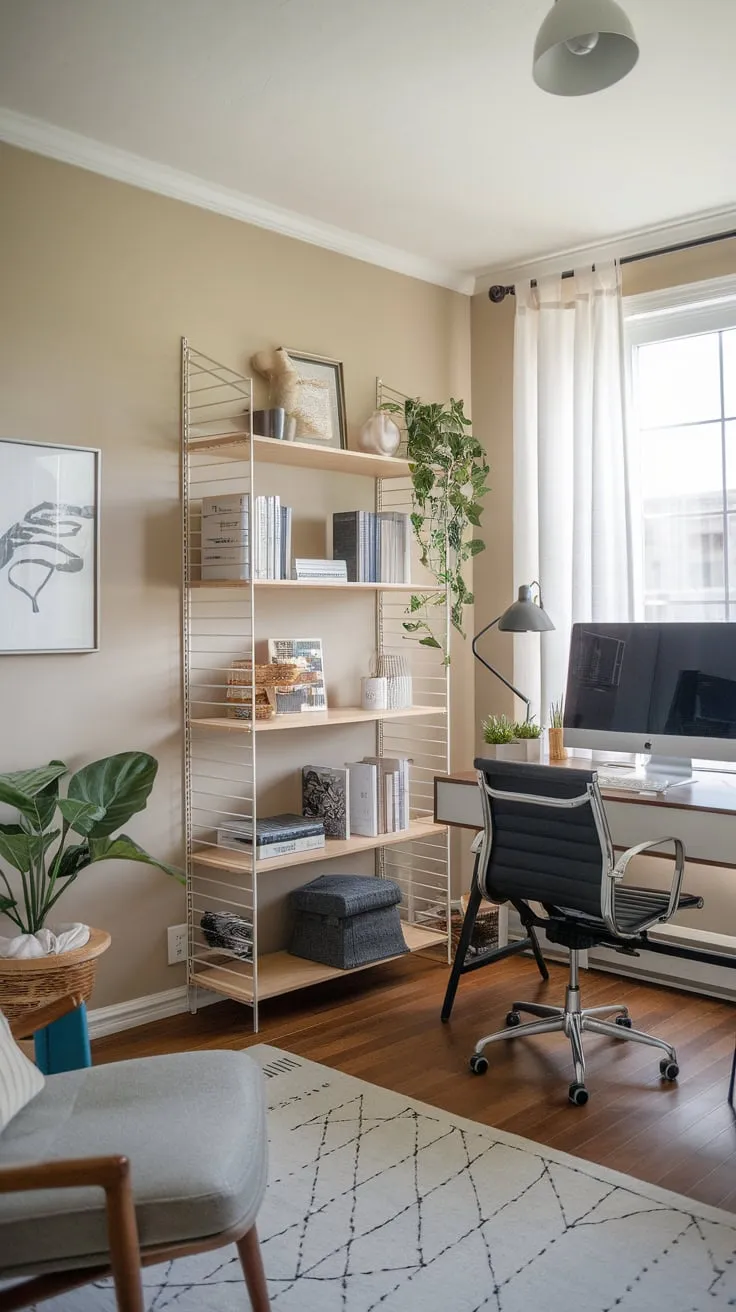 A minimalist beige study, perfect for focused work, features a desk, books, and a calming plant in a modern home office