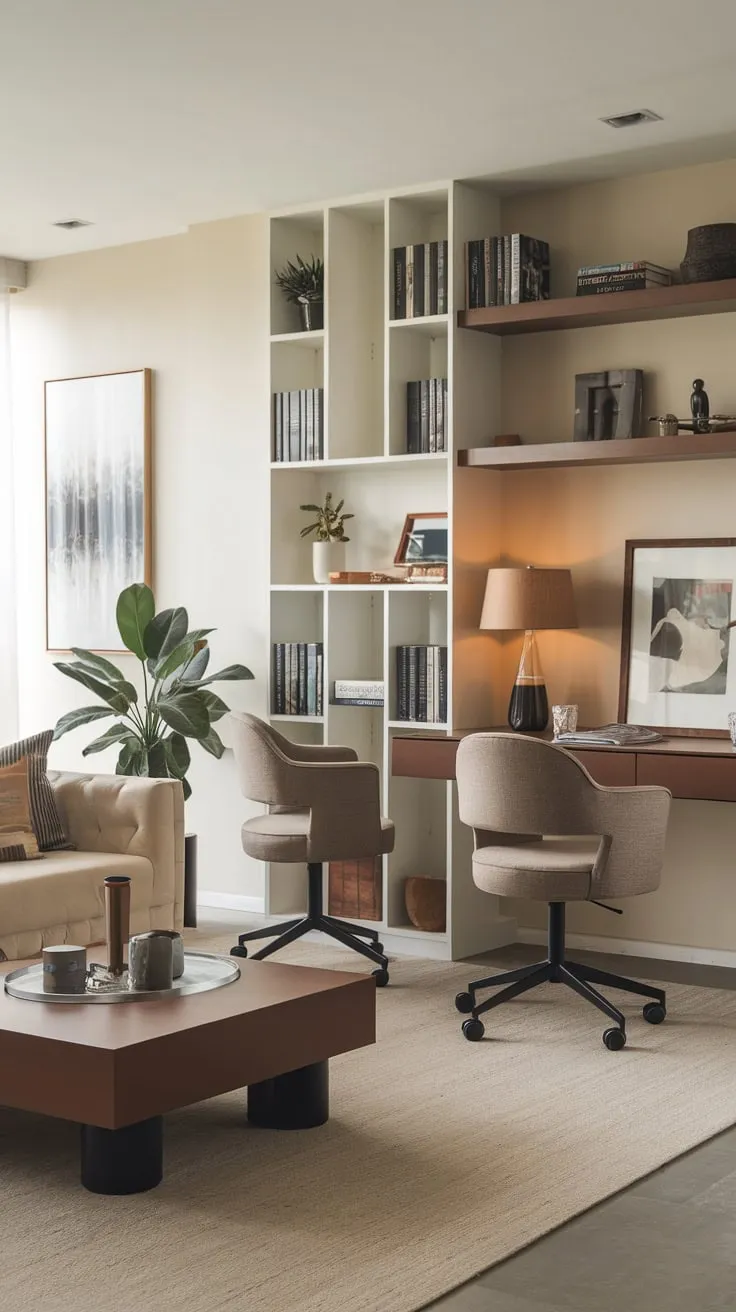 A sophisticated men's study, featuring a beige sofa, brown coffee table, and a well-equipped desk, offers a modern and inviting workspace.