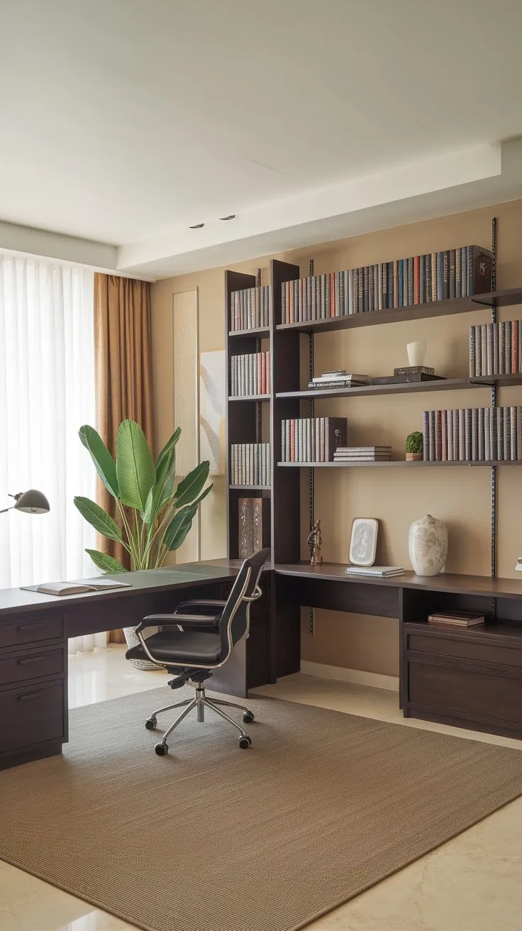 A sophisticated men's study boasts a clean design with ample workspace, curated books, and understated elegance.