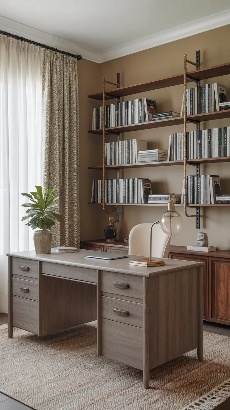 A tranquil beige-walled study, perfect for focused work, features a wooden desk, bookshelf, and vintage lamp in a modern home office
