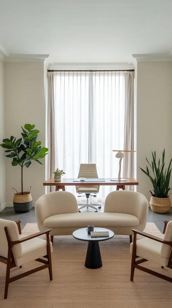 A modern men's study boasts a calming neutral palette, comfortable furniture, and natural light for focused work.