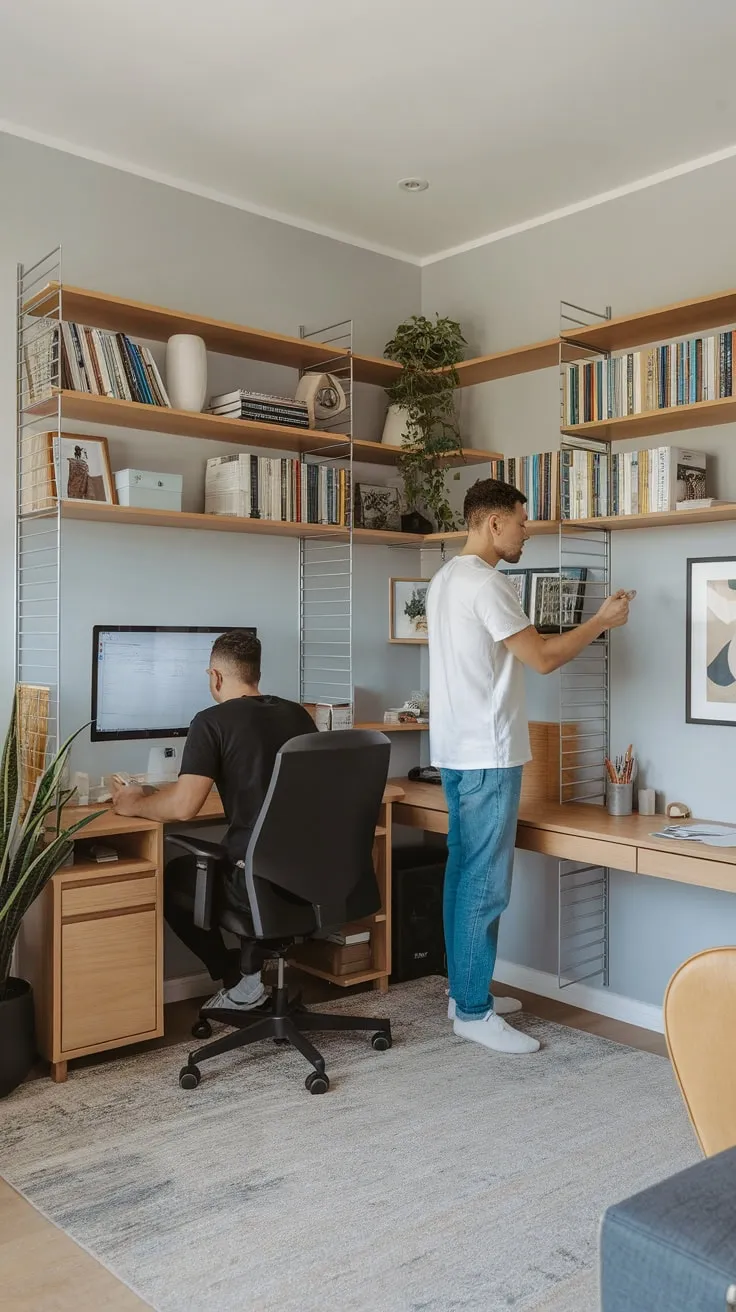 Two men collaborate amidst modern study room serenity, books and focused work surrounding them