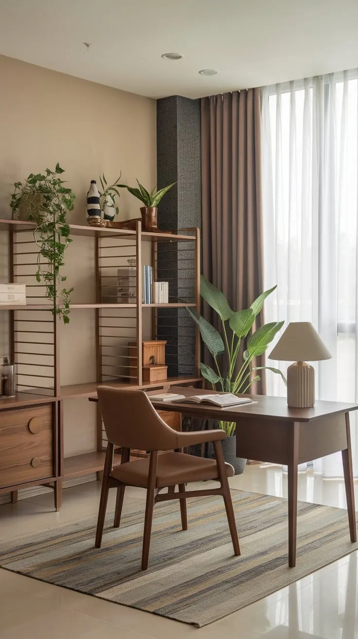 A beige-walled haven for focused study features a wooden desk, plush chair, and natural light enhancing productivity.