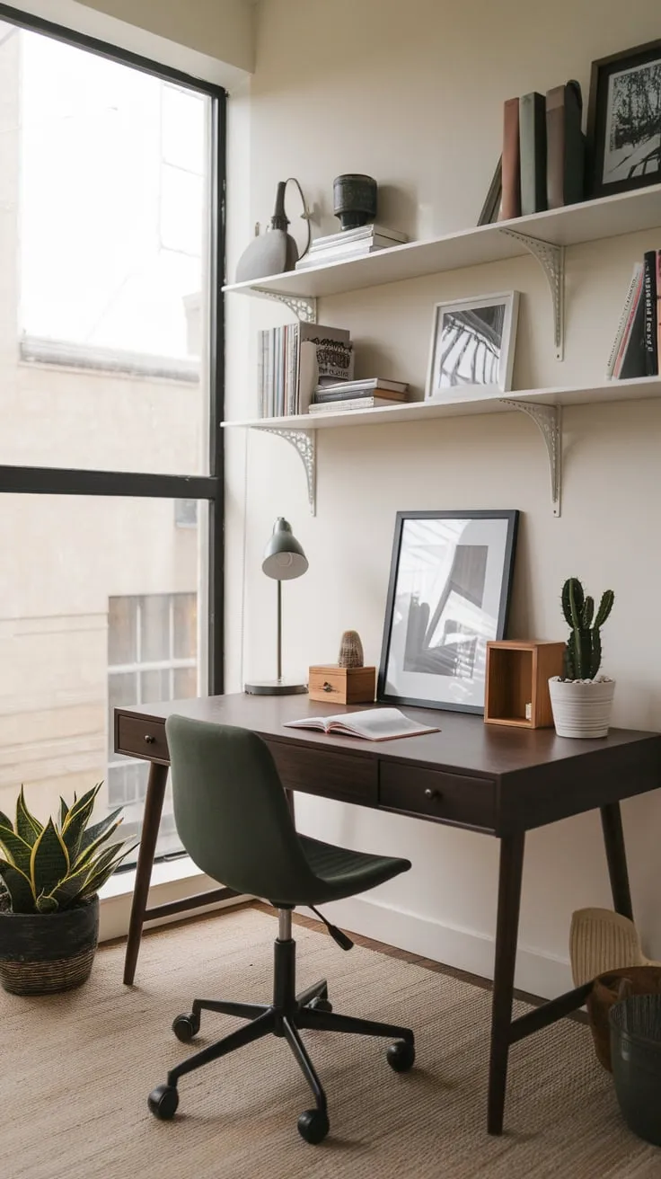 A cozy and stylish men's study features a dark wood desk, green chair, and thoughtfully arranged books and decor.