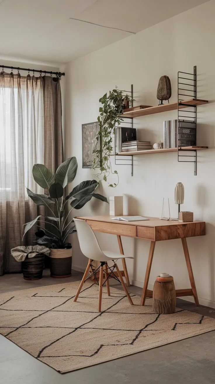 A cozy and stylish men's study blends rustic charm with modern functionality, creating a perfect workspace.