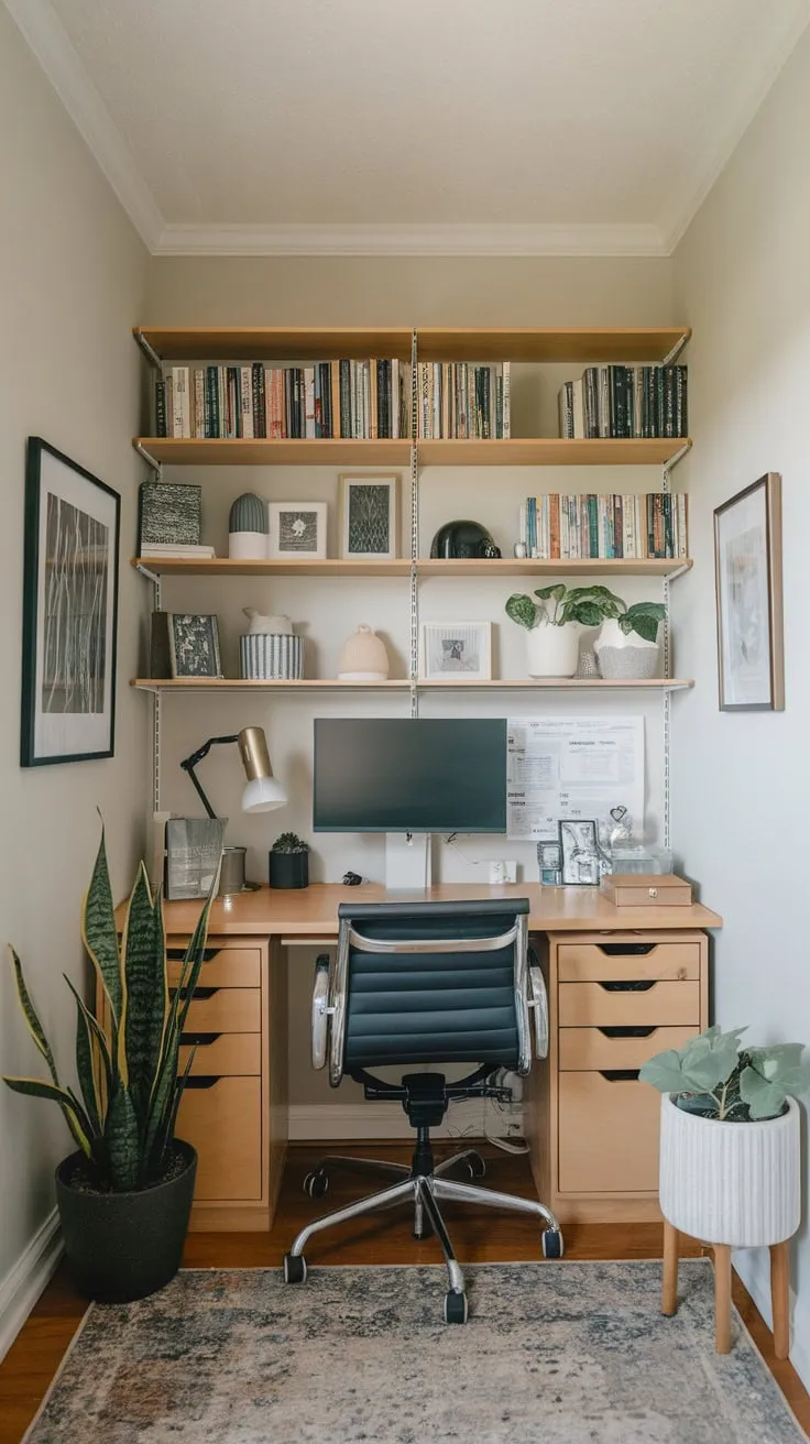 A modern men's study, compact yet functional, boasts a desk, bookshelf, and calming décor.