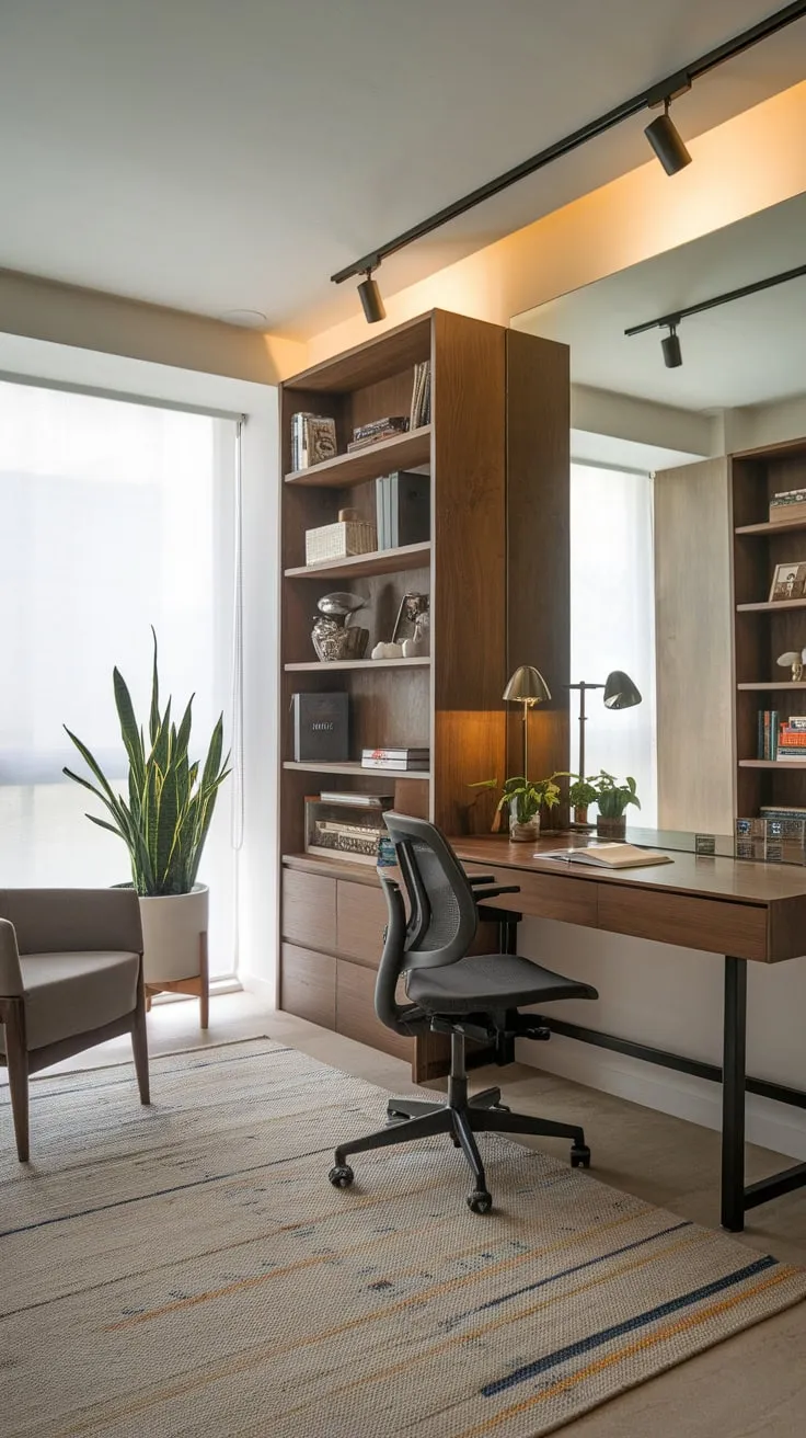 A bright modern men's study, complete with wooden desk, bookshelf, and large mirror, offers a productive and stylish workspace.