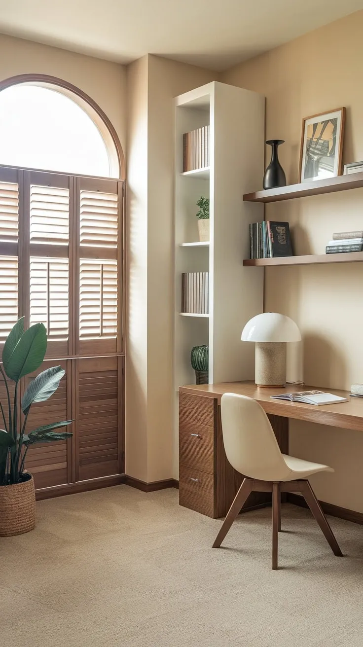 A modern, masculine study room offers a tranquil workspace with natural light and stylish wooden furniture.