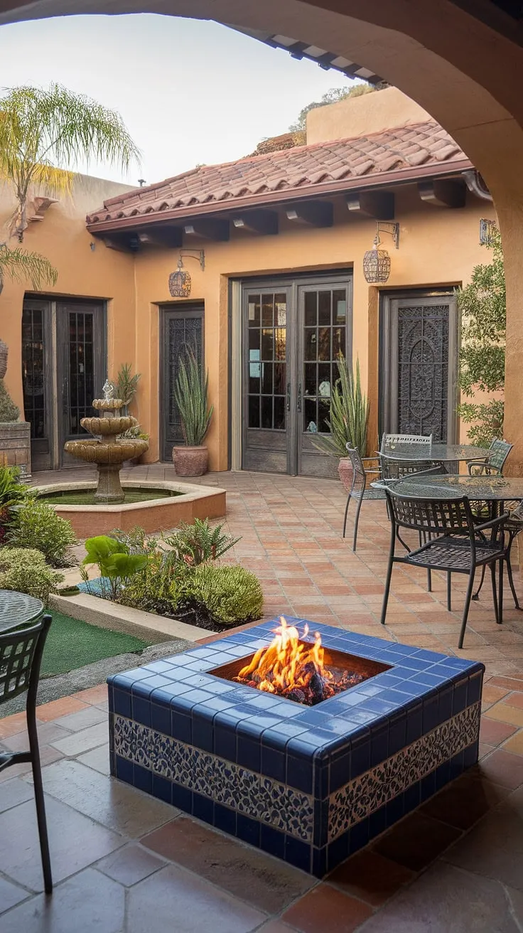 Imagine yourself unwinding in this stunning outdoor Mexican restaurant, nestled within a hacienda style patio.  The  Mexican patio boasts a captivating tile fire pit,  Mexican doors leading to a tranquil Mexican garden, and a breathtaking view of the Mexican home exterior.  This patio mexicano offers endless inspiration for Mexican living room ideas and outdoor mosaic ideas, showcasing the beauty of Spanish style.