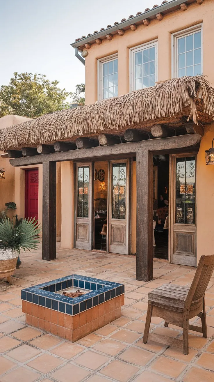 Imagine yourself relaxing on this patio mexicano, the scent of delicious food wafting from the outdoor Mexican restaurant with its charming Mexican doors. This hacienda style patio, with its tile fire pit and carefully chosen plants, provides the ultimate in outdoor living.  The Spanish style architecture and Mexican home exterior offer endless inspiration for your own Mexican living room ideas and Mexican garden ideas, showcasing the beauty of outdoor mosaic ideas.