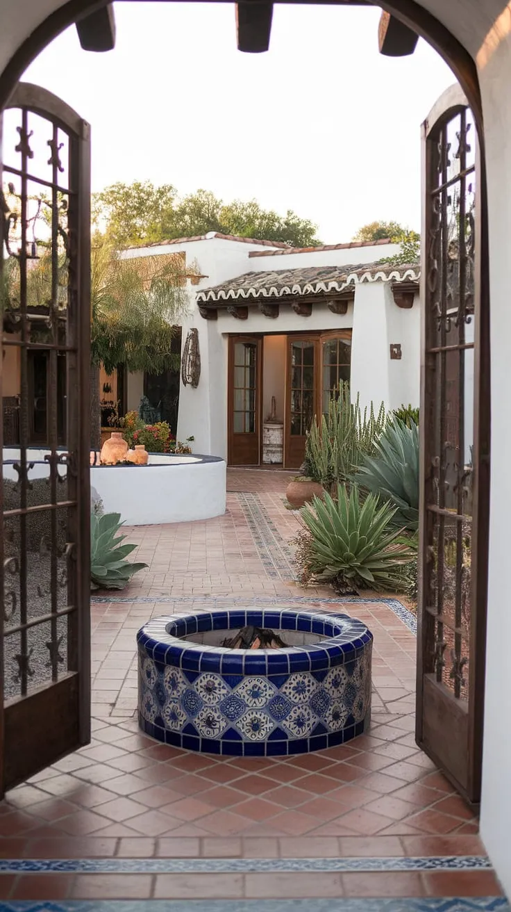Imagine relaxing evenings by the tile fire pit on this stunning patio mexicano.  The vibrant colors of the mosaic tiles and the charming Mexican doors perfectly complement the lush Mexican garden, creating a true hacienda style patio. This outdoor Mexican restaurant setting offers inspiration for Mexican garden ideas and Mexican living room ideas, showcasing the beauty of a Mexican home exterior.