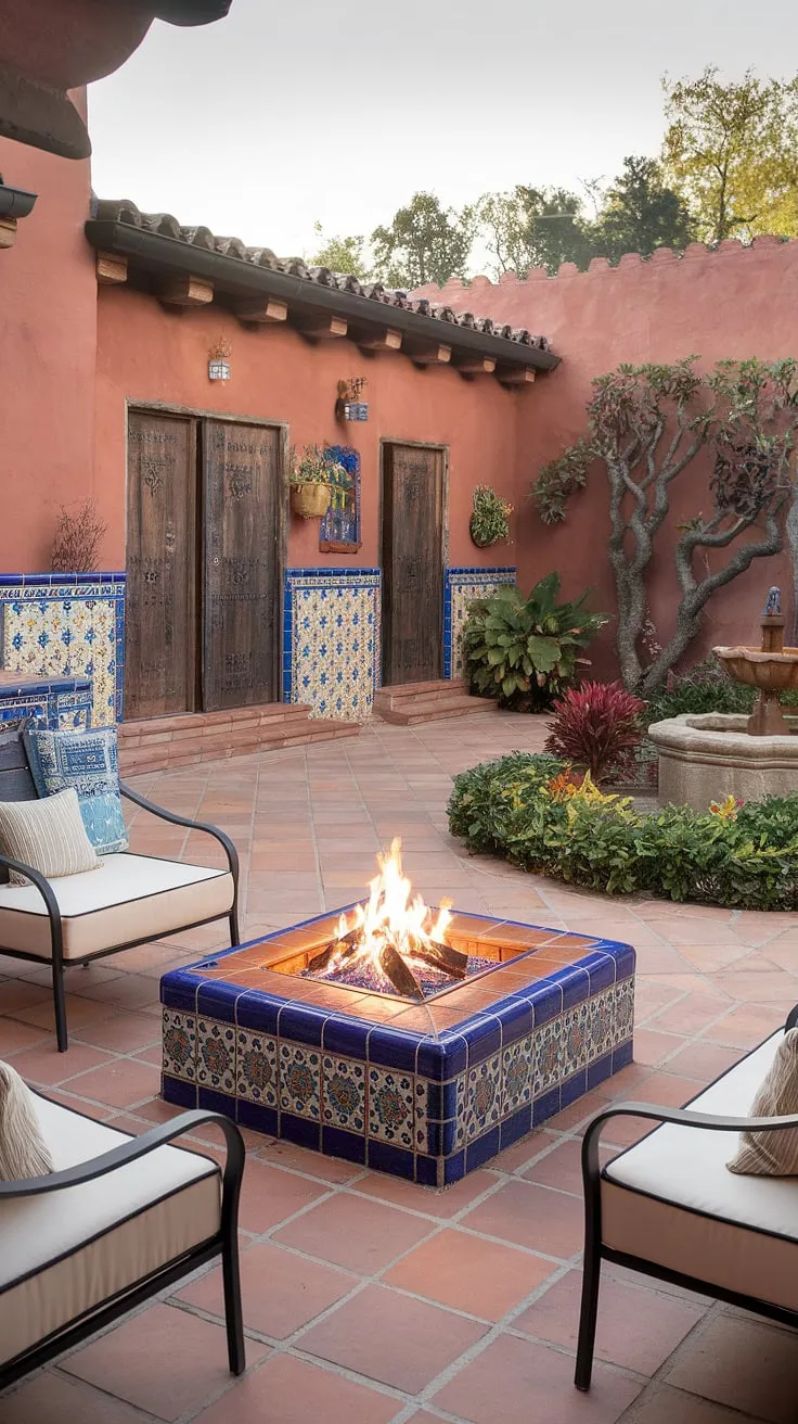 Escape to paradise in this hacienda-style patio, where the warmth of a tile fire pit meets the vibrant hues of Mexican doors and a lush garden.  This outdoor Mexican restaurant-inspired space offers the perfect blend of Spanish style and Mexican living room ideas, showcasing stunning outdoor mosaic ideas and creating an unforgettable patio mexicano experience. The charming Mexican home exterior completes this idyllic scene, brimming with inspiration for your own Mexican garden ideas.