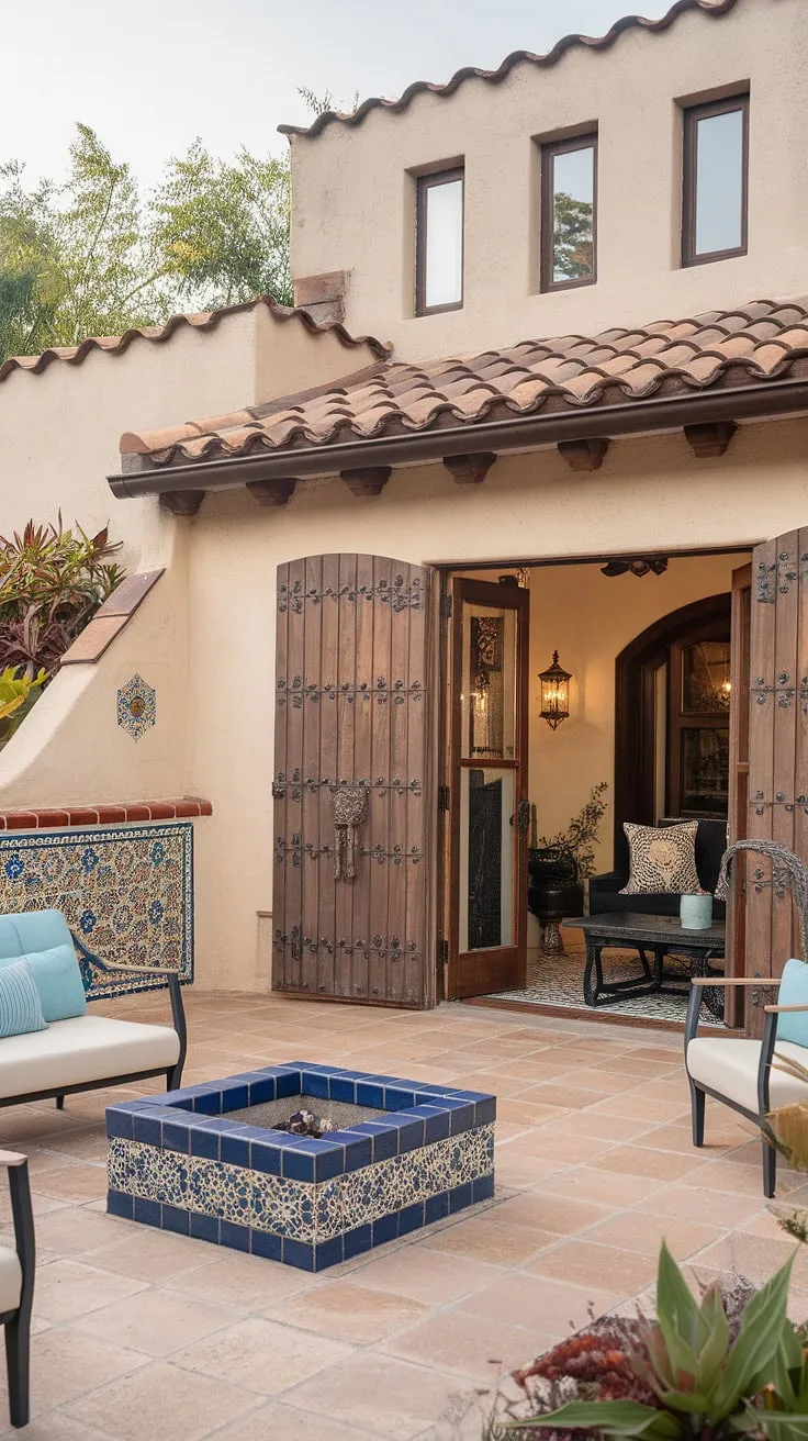 Imagine yourself unwinding in this stunning patio mexicano, a true testament to hacienda style patio design.  The Mexican home exterior, with its warm beige hue and intricate mosaic tile design, sets the scene for a memorable experience.  Step inside through the charming Mexican doors to discover a comfortable Mexican living room, perfect for inspiration for your own Mexican living room ideas.  The tile fire pit is the heart of this outdoor Mexican restaurant-inspired space, surrounded by a vibrant Mexican garden.